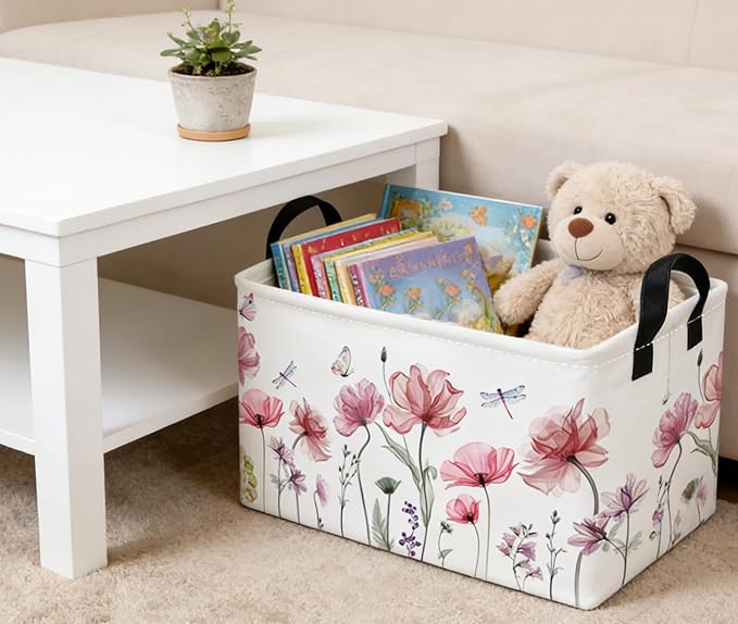 Essme Rectangular Flower Basket,Girls Baskets Empty with Handles,Cute Baskets for Kids Room Decor,Boys and Girls, Gift Basket,(Flowers)