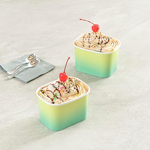 Restaurantware Paper Cups 200 Count 12 Ounce Square Disposable Ice Cream Containers, Leak-Resistant Paper Dessert To Go Cups, Hot And Cold Food, Durable Teal And Green Ombre Design