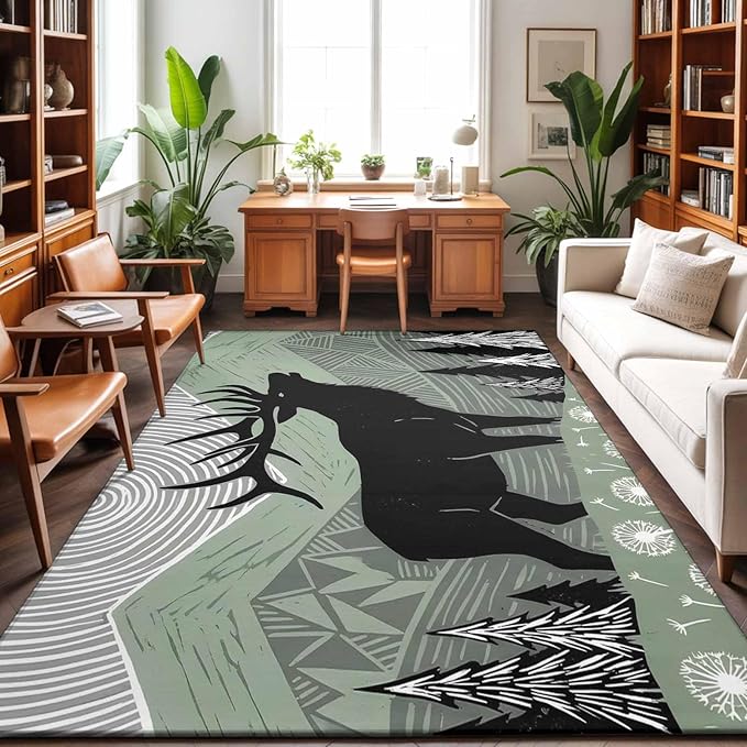 Area Rug 9x12ft, Black Wildlife Elk Washable Rugs for Living Room Bedroom Rectangle Floor Carpet, Bohemian Green Mountain Peaks Soft Non-Slip Area Rugs for Dining Room