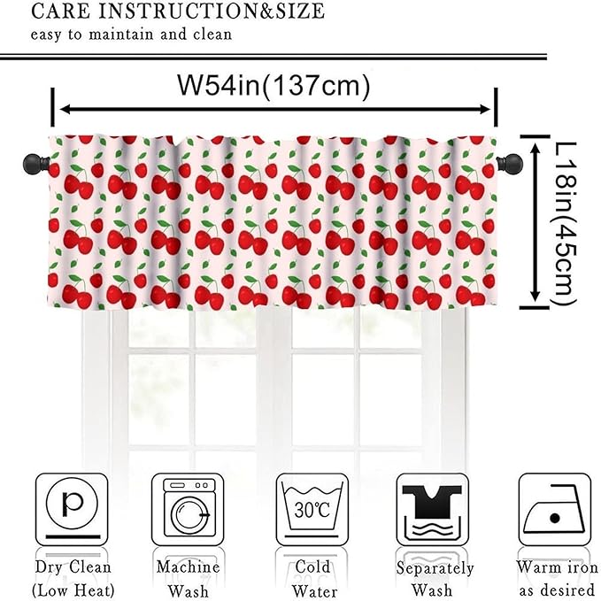 Red Cherry Curtain Valance, Cute Fruit Farmhouse Decorative Rod Pocket Window Drapes for Kitchen Dining Room Bedroom Living Room Cafe Party Home Decoration, 54x18Inch