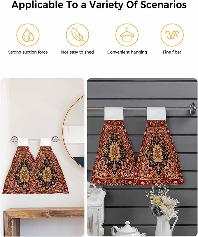 Alandar Home Kitchen Tie Towel Set of 1, Floral Leaves Frames Vintage Mid Century Afghan Black Wheat Red Absorbent Soft Hand Towels for Bathroom Hanging Towels, Fast Drying Cleaning Cloth with Loop