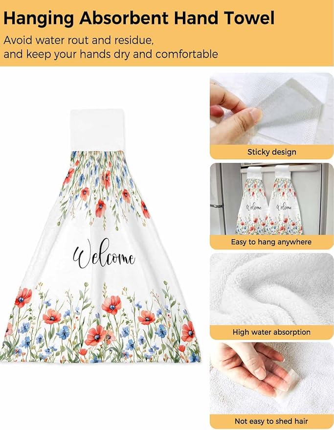 Alandar Home Kitchen Tie Towel Set of 1, Pastoral Orange Blue Flower Leaves Absorbent Soft Hand Towels for Bathroom Hanging Towels, Spring Floral Plant Fast Drying Cleaning Cloth with Loop