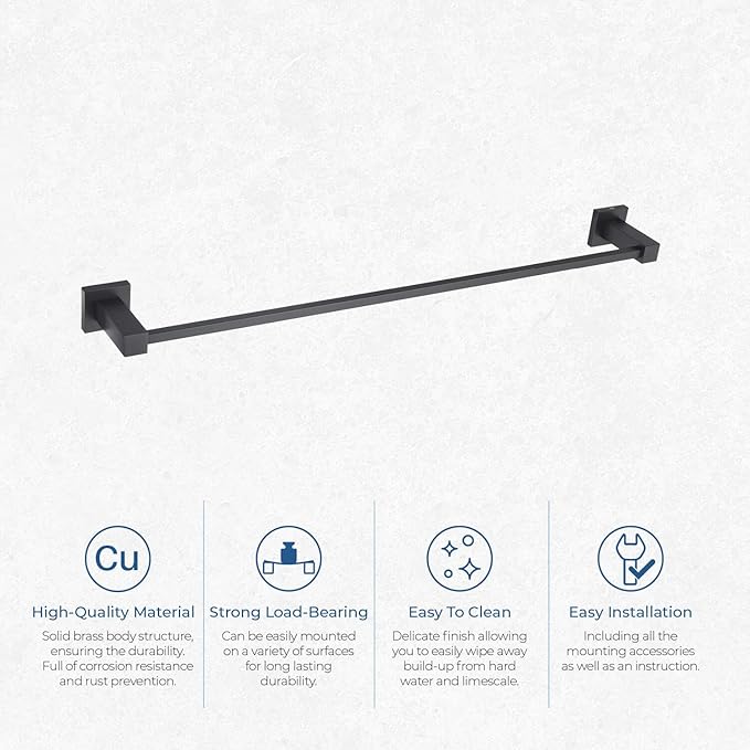 KIBI Cube 24 Inch Bathroom Towel Bar | Wall Mounted Solid Brass Towel Hanger with Corrosion-Resistant Finish | Sleek and Durable Towel Holder for Bathroom Organization (Matte Black, KBA1504)
