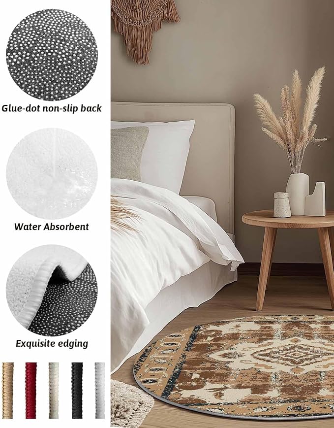 Round Area Rug,Retro Brown Pattern Ethnic Style Circle Living Room Rug Non-Slip Rugs Indoor Carpet,Abstract Flower Tribal Art Soft Comfort Rugs for Bedroom KidsRoom Nursery