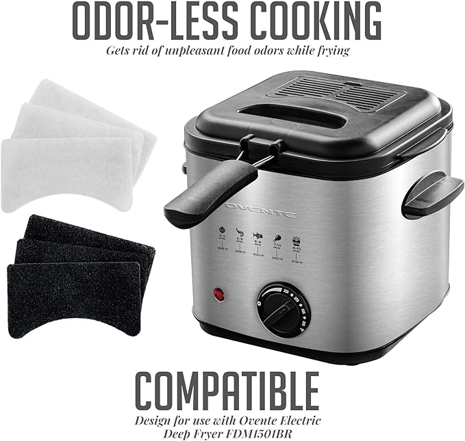 OVENTE 1.5 Liter Electric Deep Fryer FDM1501BR Charcoal and Oil Vapor Replacement Filter Set Pack of 3, White and Black ACPFDM1503
