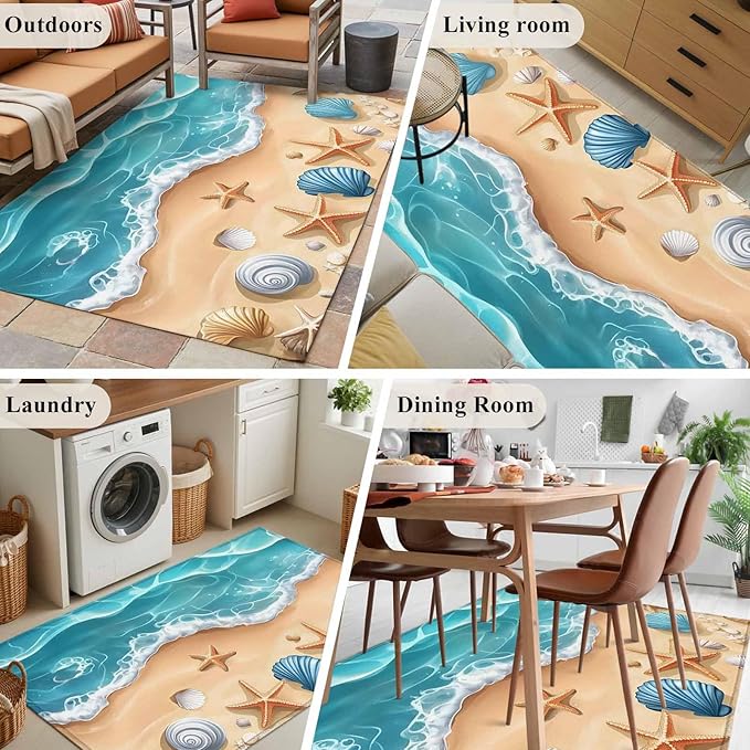Area Rug 3x5ft, Summer Beach Shell Starfish Washable Rugs for Living Room Bedroom, Marine Life Cartoon Style Soft Non-Slip Area Rugs Rectangle Floor Carpet for Dining Room