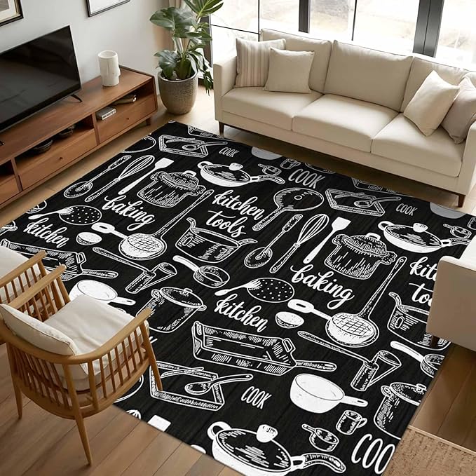 Black Kitchen Tools 6x9 Area Rugs, Modern Cooking Utensil Non-Skid Rubber Backing Large Rectangle Rugs - Living Room Bedroom Home Office, Farmhouse Cookware Indoor Floor Mat Carpets Washable Rug