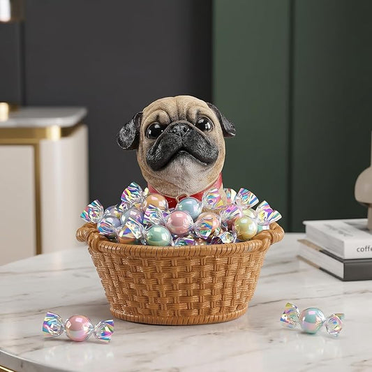 Cute Pug Candy Bowl, Resin Dog Figurine Key Bowl for Entryway Table, Desktop Storage Basket Organizer for Desk, Unique Dog Lover Gift