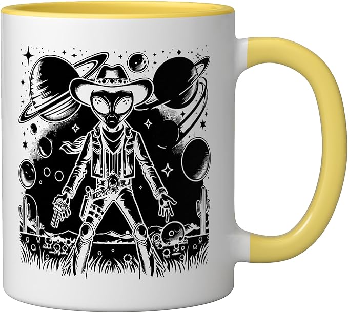 Alien Lover Flying Saucer UFO Extraterrestrial Cowboy Ceramic Mug, Yellow/White
