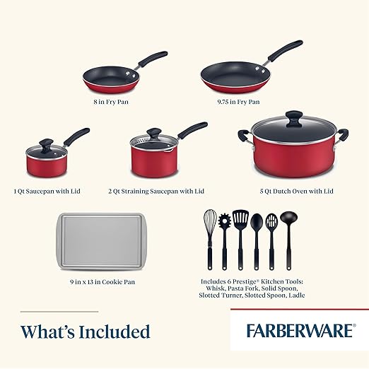 Farberware Cookstart DiamondMax Nonstick Cookware/Pots and Pans Set, Dishwasher Safe, Includes Baking Pan and Cooking Tools, 15 Piece - Red