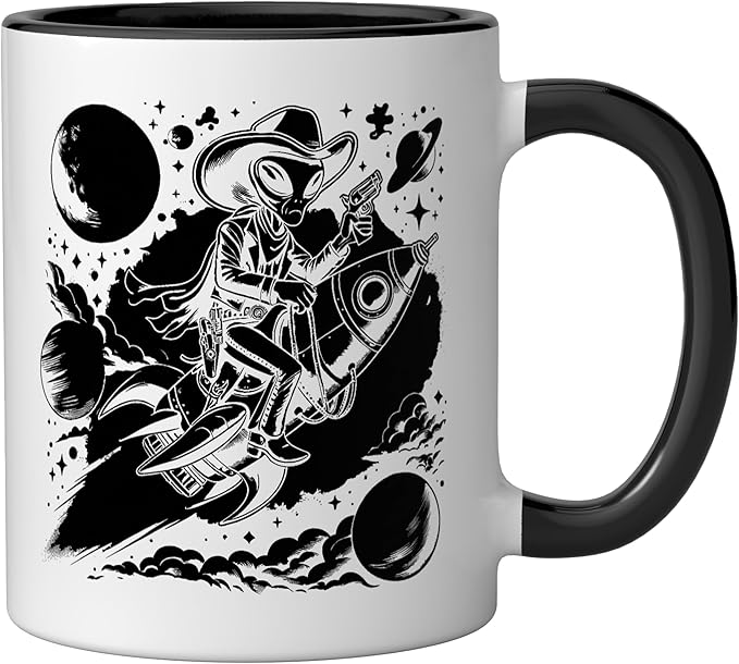 Alien Lover Flying Saucer UFO Extraterrestrial Cowboy Ceramic Mug, Black/White