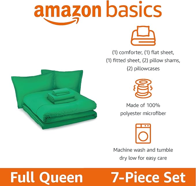 Amazon Basics 7-Piece Soft, All-Season Microfiber Kid's Bed-in-a-Bag Bedding Set with Comforter, Sheets, Pillow Shams and Pillowcases, Full/Queen, Solid Green