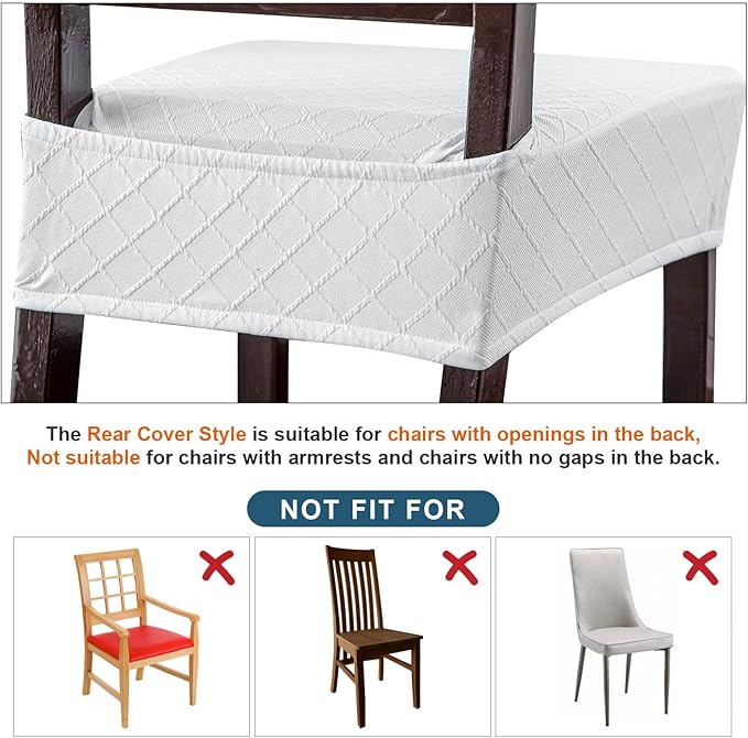 Genina Waterproof Seat Covers for Chairs,Set of 4 Dining Room Chair Seat Covers for Kitchen,Stretch Jacquard Removable Washable Dining Chair Slipcovers Protectors with Rear Covers, White