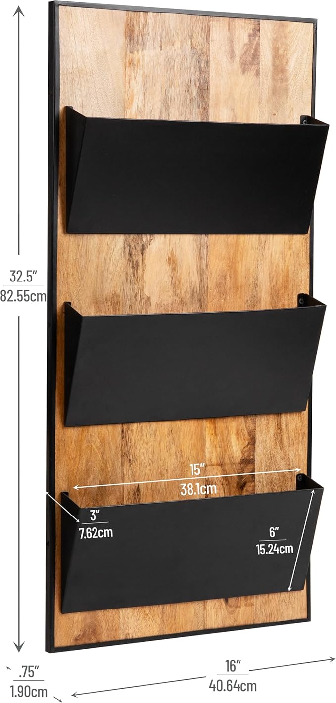 Mind Reader 3-Tier Wall-Mounted File Organizer, Wood and Metal Vertical Rack for Mail, Magazines, and Documents, Black