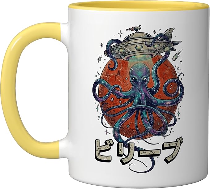 Retro Vintage Japanese Octopus Kraken Alien Planet Galaxy Ceramic Mug, Yellow/White