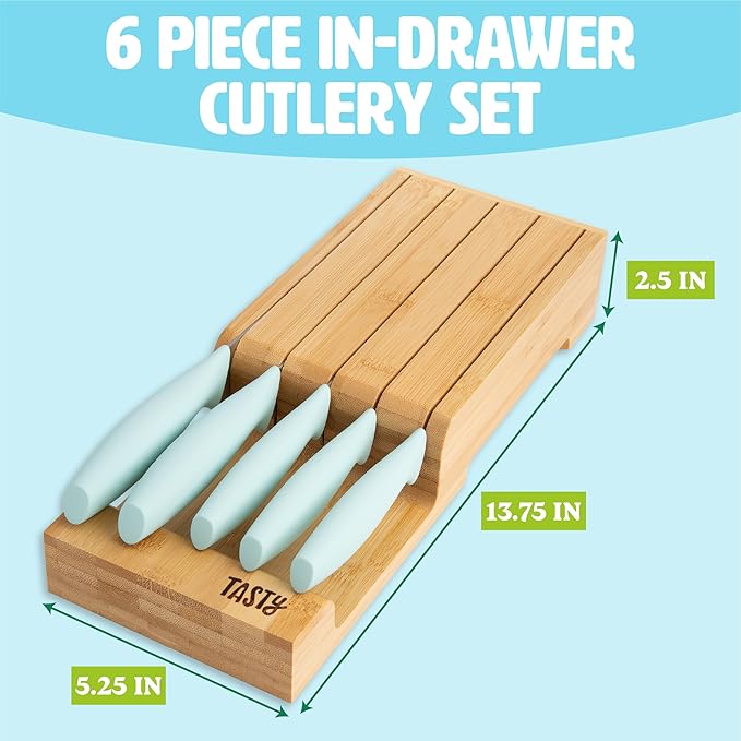 Tasty In-Drawer Kitchen Knife Set, Space-Saving Cutlery and Kitchen Organizer, Includes Chef, Bread, Santoku, Utility and Paring Knives, 6-Piece, Aqua