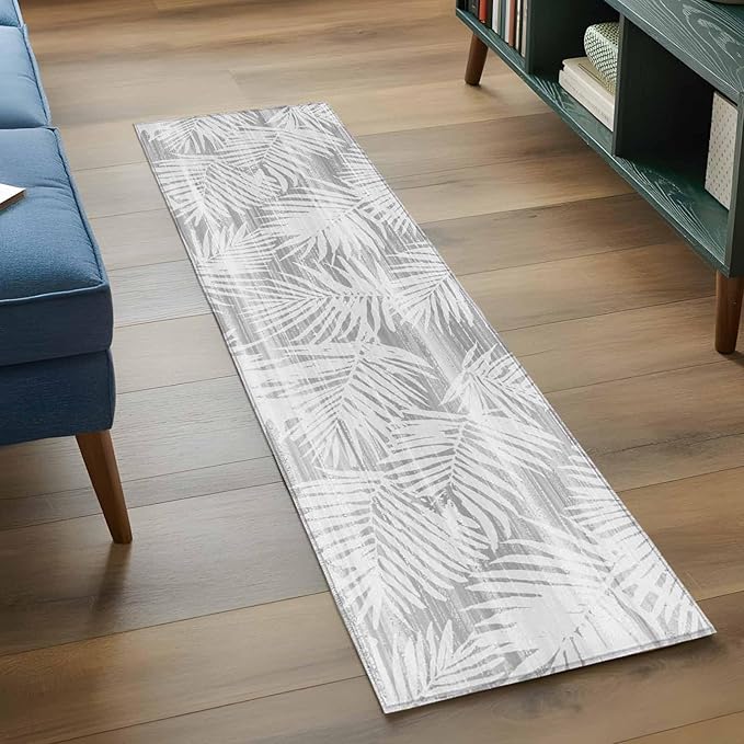 Runner Rug for Bedroom Hallway, Modern Gray Palm Leaves Kitchen Runner Rugs Area Rug 2x6ft, Boho Tropical Leaves Washable Soft Floor Carpet for Entryway Stair