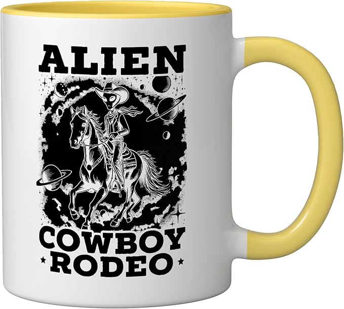 Alien Lover Flying Saucer UFO Extraterrestrial Cowboy Ceramic Mug, Yellow/White