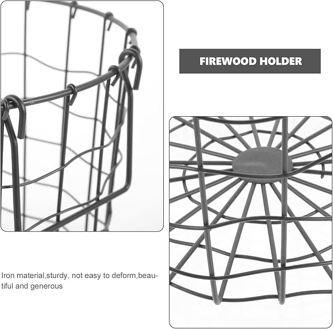 Metal Firewood Organizer Basket with Handle, Outdoor Black Iron Logging Storage Basket for Camping and Fireplace Wood Holder