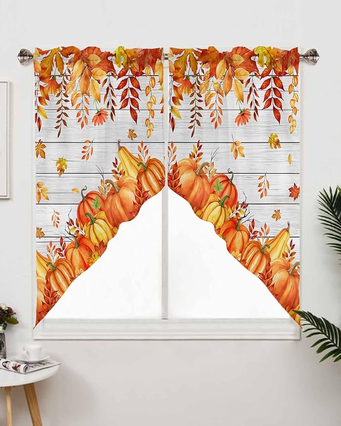 Orange Pumpkins Fallen Leaves Fall Swag Valance Curtains Autumn Thanksgiving Vintage Wood Grain Rod Pocket Kitchen Curtains, Scalloped Window Treatment Valances, 1 Pair, 36" W x 36" L