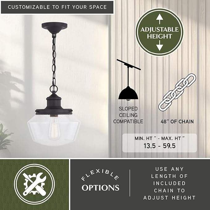 VAXCEL Collins 1 Light Black Farmhouse Outdoor Pendant Clear Schoolhouse Glass