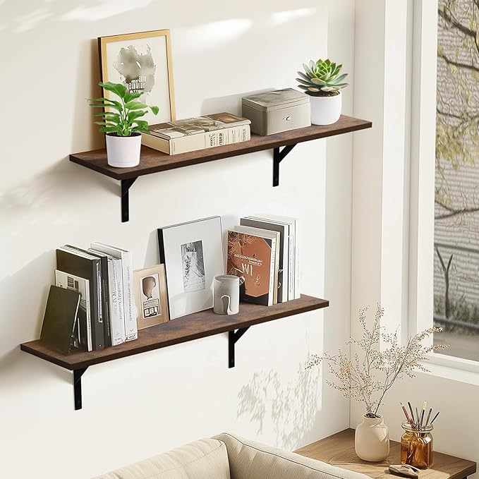 Heavy Duty Long Wall Shelves Set of 2, Floating Shelves Wall Mounted with Industrial Brackets, 40lbs Capacity Shelves for Laundry Room, Kitchen, Bathroom, Living Room (31.5"*8",Rustic Brown)
