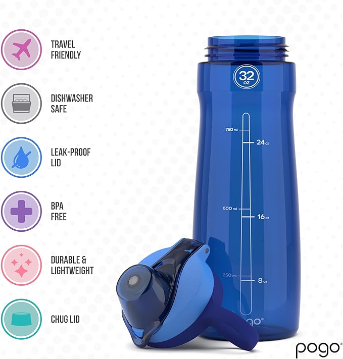 Pogo Plastic Water Bottle with Chug Lid and Carry Handle, Reusable, BPA Free, Dishwasher Safe, Perfect for Travel, School, Outdoors, and Gym | 18oz, 32oz, 40oz, 64oz