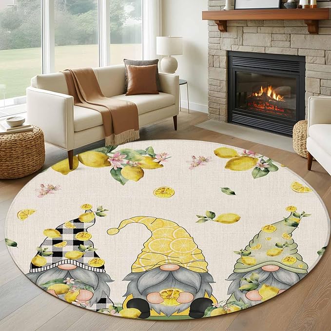 Washable Round Area Rug Summer Gnome with Lemon Circle Rugs Floor Carpet for Living Room Bedroom, Farmhouse Dwarf Fruit on Linen Soft Non Slip Round Rug 5ft