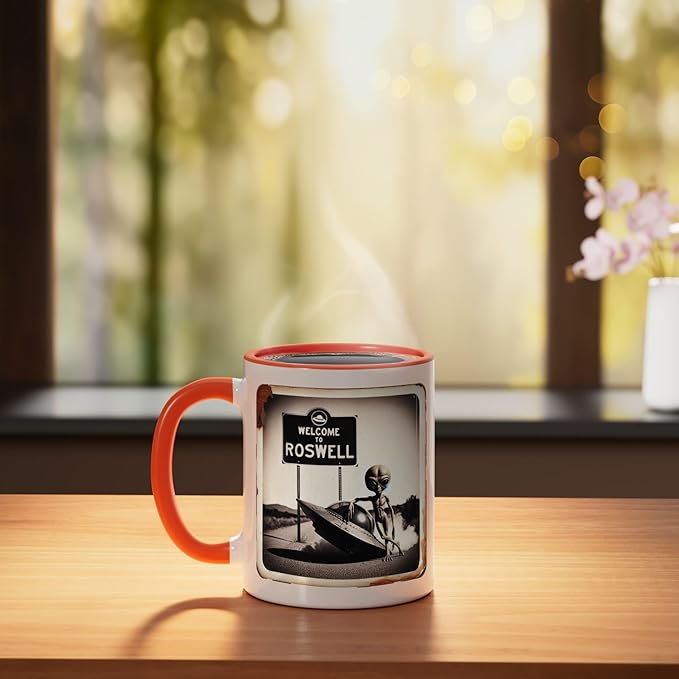 Vintage Alien UFO Crash At Roswell 1947 Photo Ceramic Mug, Orange/White