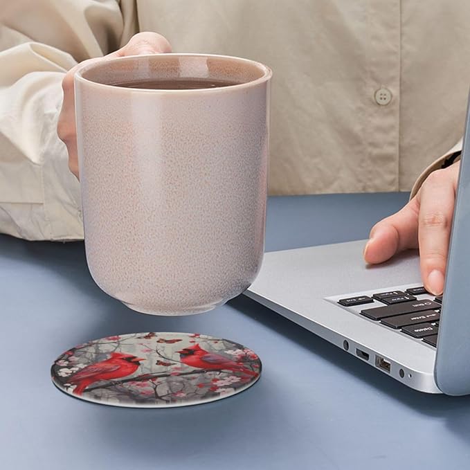 Famame 6 Pcs Butterflies Birds Cherry Leather Coasters for Drinks with Holder Coaster Sets Drink Table Cup Coasters for Living Room Kitchen Coffee Decor