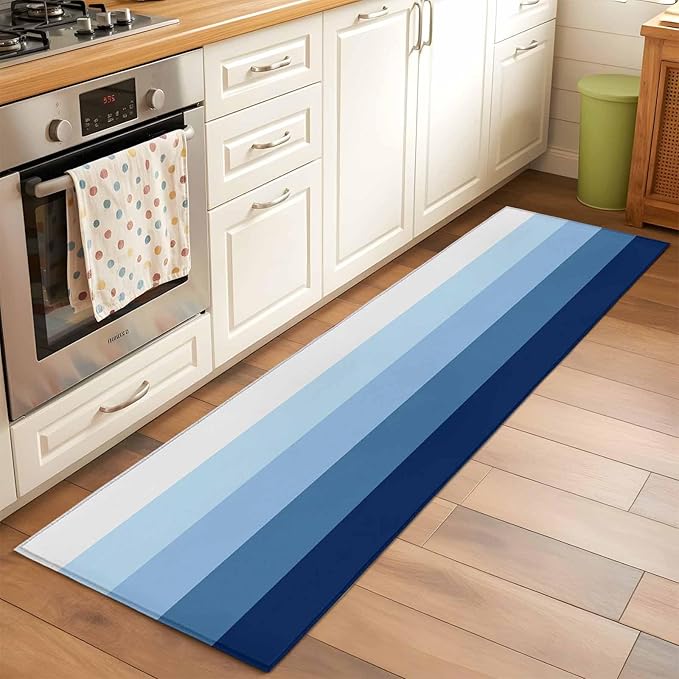 Runner Rug for Bedroom Hallway, Minimalist Blue White Ombre Stripe Kitchen Runner Rugs Area Rug 2x6ft, Modern Gradient Art Washable Soft Floor Carpet for Entryway Stair