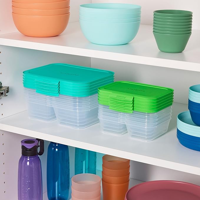 Sistema Nest It Meal Prep Food Storage Containers with Lids, 5-Pack of Large 8-Cup Containers with 3 Divided Compartments, Airtight & Leak-Resistant, Dishwasher, Microwave, & Freezer-Safe, BPA-Free