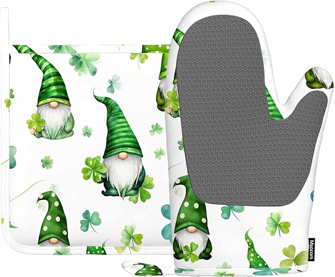 Mxocom Lucky Clover Leaves Oven Mitt and Pot Holder with Silicone St Patrick Day Gnomes Green Hat Watercolor Cartoon Dwarf Plant Heat Resistant Kitchen for Cooking BBQ Baking Grilling Spring