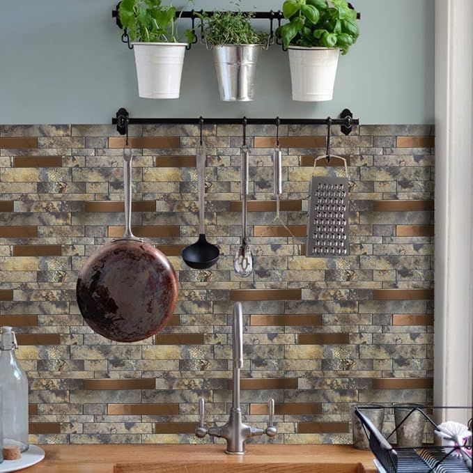 Weimeisc 10 Sheets Peel and Stick Backsplash Tile for Kitchen, Self-Adhesive Mosaic Tile, Stick on Bathroom Vanities，Fireplace Décor, Laundry Table(11.25" X 12.7") (Rusty Stone Pattern)