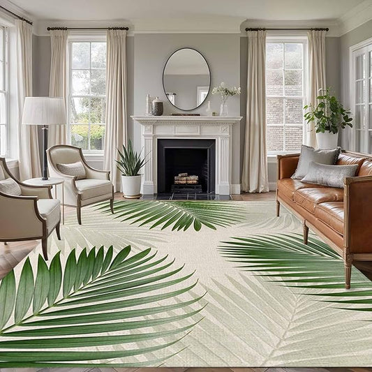 Area Rug 9x12ft, Rustic Sage Green Palm Leaves on Linen Washable Rugs for Living Room Bedroom Rectangle Floor Carpet, Summer Plants Soft Non-Slip Area Rugs for Dining Room