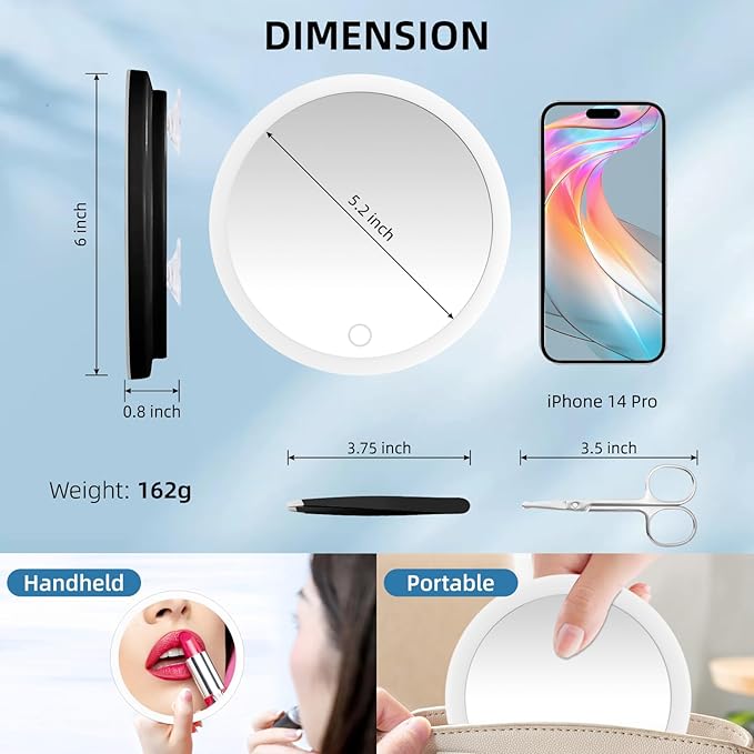 30X Magnifying Mirror with Lights, 30x Magnified Mirror with 3 Color Lights Adjustable Brightness, Rechargeable 6inch Travel Magnification with 3 Suction Cups - Includes Tweezers & Scissors