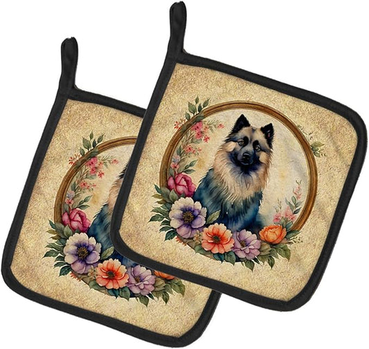 Caroline's Treasures Keeshond and Flowers Pair of Pot Holders Kitchen Heat Resistant Pot Holders Sets Oven Hot Pads for Cooking Baking BBQ, 7 1/2 x 7 1/2