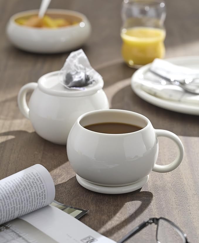 Oneida Coffee Mug Set, Quirk Mugs with Coasters, Set of 4, Service For 4, Porcelain Material, Microwave And Dishwasher Safe, Ceramic Mugs, Coasters And Coffee Cups (White, 8 Pieces, 18 Ounce Capacity)