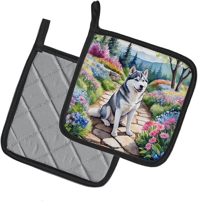 Caroline's Treasures Siberian Husky Spring Path Pair of Pot Holders Kitchen Heat Resistant Pot Holders Sets Oven Hot Pads for Cooking Baking BBQ, 7 1/2 x 7 1/2