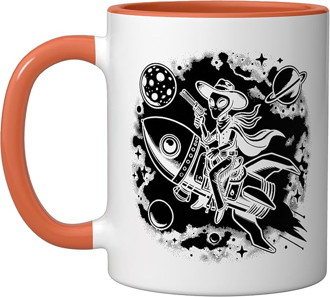 Alien Lover Flying Saucer UFO Extraterrestrial Cowboy Ceramic Mug, Orange/White