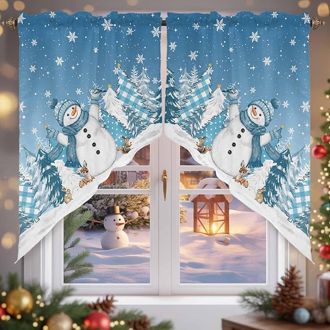 Christmas Snowman Swag Valance Curains Winter Xmas Tree Snowflakes Gradient Blue Rod Pocket Kitchen Curtains Scalloped Window Treatment Valances Swag for Living Room Bedroom, 1 Pair, 36"W x 45"L