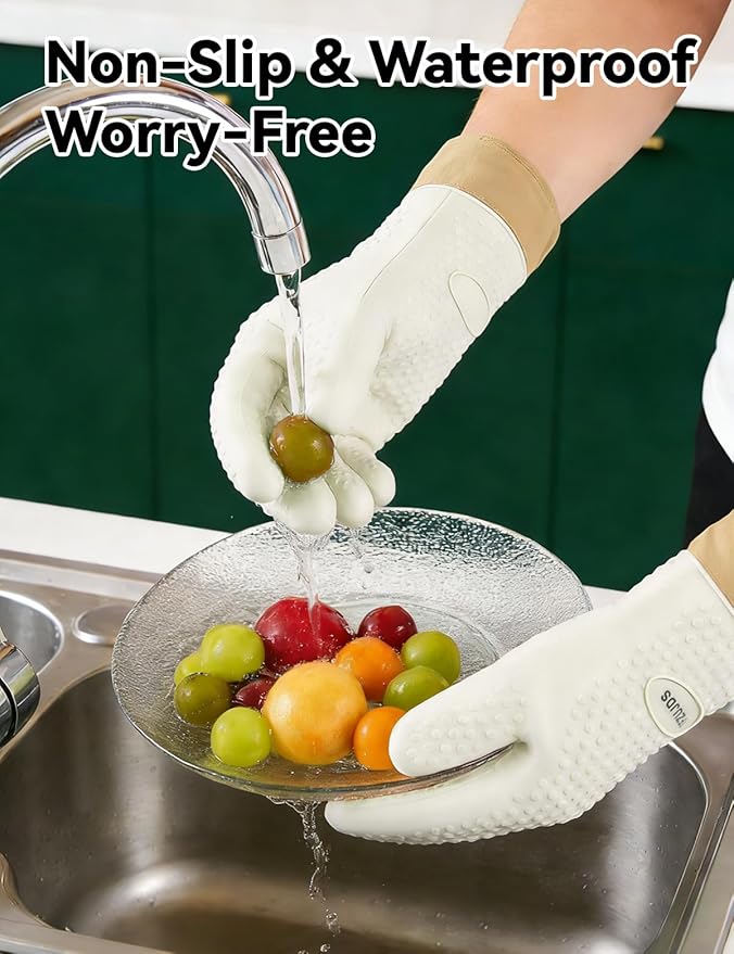 Silicone Oven Mitts with Five-Finger Design, Extended Cuff & Soft Cotton Lining – Heat Resistant, Waterproof, Non-Slip Oven Gloves for Baking, Cooking, Grilling, Safe Grip on Hot Cookware - White