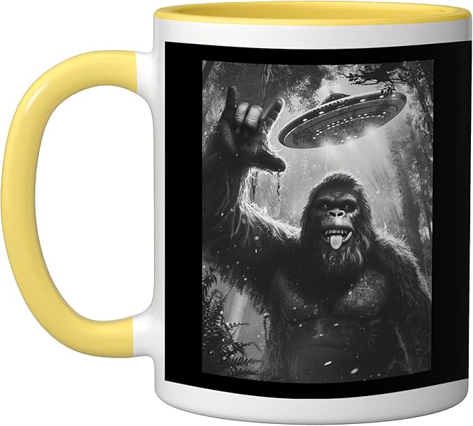 Funny Sasquatch Bigfoot Rock On Selfie with UFO Alien Saucer Ceramic Mug, Yellow/White