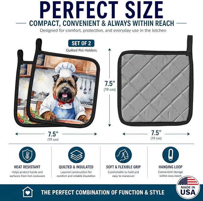 Caroline's Treasures Bouvier des Flandres The Chef Pair of Pot Holders Kitchen Heat Resistant Pot Holders Sets Oven Hot Pads for Cooking Baking BBQ, 7 1/2 x 7 1/2