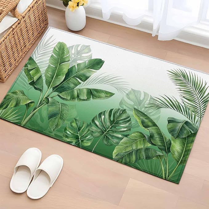 Area Rug 2x3ft, Botanical Rainforest Plants Washable Rugs for Living Room Bedroom, Watercolor Tropical Banana Leaves Soft Non-Slip Area Rugs Rectangle Floor Carpet for Dining Room