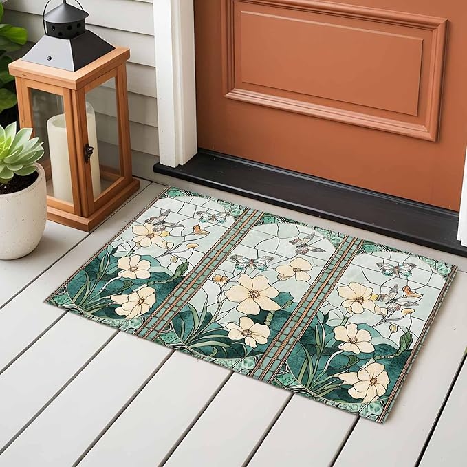 Area Rug 2x3ft, Spring Flower Colorful Butterfly Washable Rugs for Living Room Bedroom, Vintage Green Plant Soft Non-Slip Area Rugs Rectangle Floor Carpet for Dining Room
