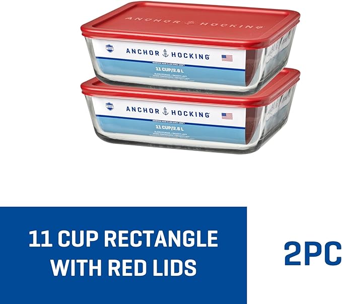 Anchor Hocking 11-Cup Glass Storage Containers with Lids, Set of 2 Glass Food Storage Containers with Red SnugFit Lids