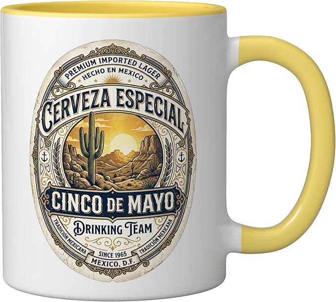 Cinco De Mayo Drinking Team Cerveza Beer Label Ceramic Mug, Yellow/White