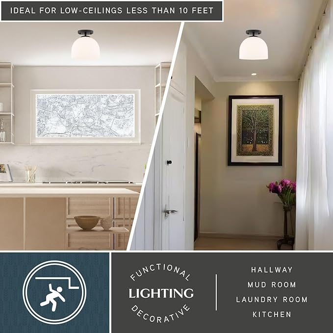 VAXCEL Shelby 1-Light 9.25 in. Wide Matte Black Transitional Dome Semi Flush Mount Lighting Fixture, Frosted White Opal Glass Shade, LED Compatible, for Low Ceilings, Bedroom, Hallway, Kitchen
