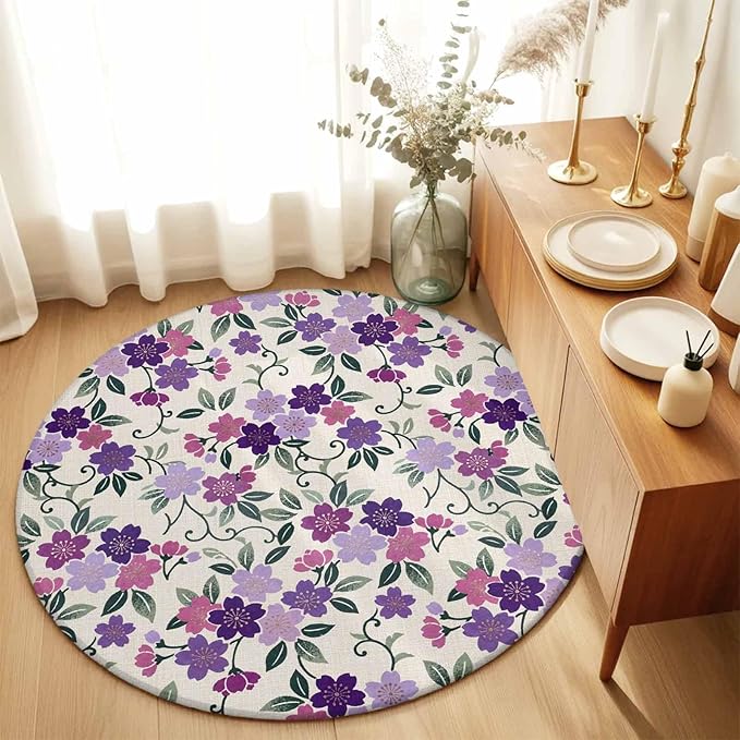 Washable Round Area Rug Watercolor Country Flowers Circle Rugs Floor Carpet for Living Room Bedroom, Plum Blossoms on Linen Soft Non Slip Round Rug 5ft